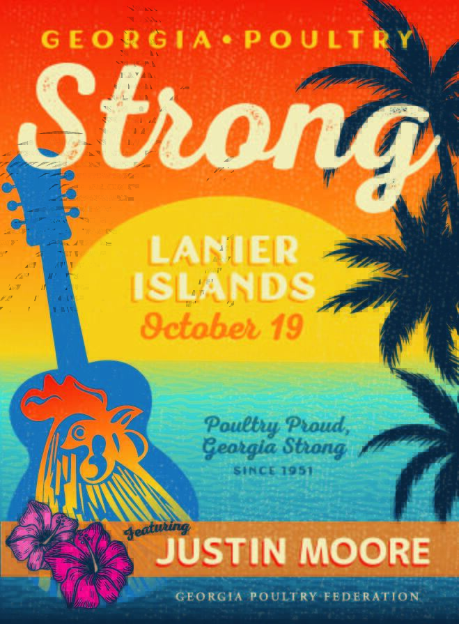 Flier for Poultry Strong 2024 event featuring Justin Moore on October 19th in Lanier Islands.